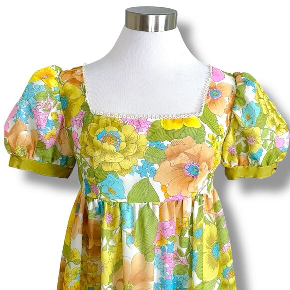 Vintage 1960s Womens Maxi Dress Sz Small Medium Boho Floral Puff Sleeve Tiered - Picture 7 of 10